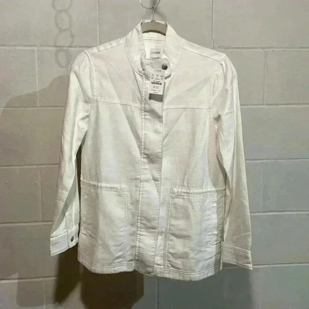 J. Crew Women's Utility Drawcord Jacket Xsmall White Full Zip/Snap Long Sleeve